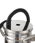 Close-up of the 8 Liter Fluidized Powder Hopper Tank For Coating Machines And Hvlp Sprayers Stainless Steel small paint bucket, hose attachment.