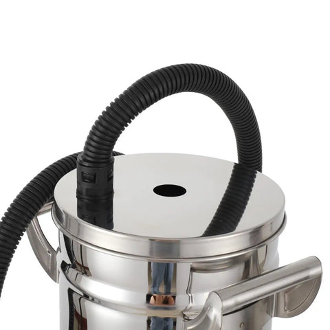 Close-up of the 8 Liter Fluidized Powder Hopper Tank For Coating Machines And Hvlp Sprayers Stainless Steel small paint bucket, hose attachment.