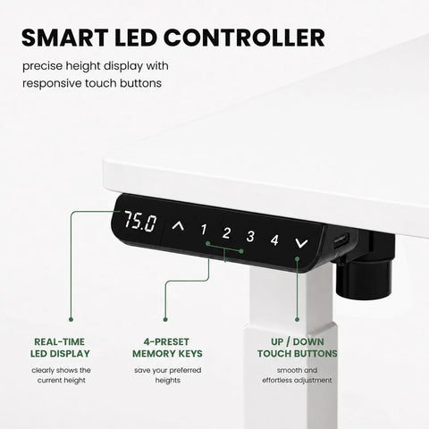 Smart LED controller for Built Like A Tank 55 Inch White Electric Standing Desk with height adjustment features.
