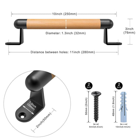 12 Inch Wooden Barn Door Pull Handle With Two Metal Supports Built Tough Heavy Duty Sliding Door Handle product diagram