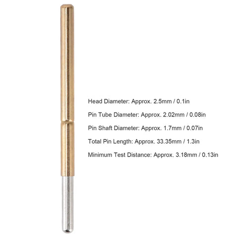 Top Shelf 100 Piece Round Spring Pogo Pin Set With Heat Resistant Brass Plunger And Durable Stainless Steel Coil showing detailed pin specifications.