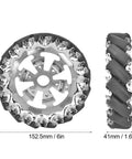 6in metal mecanum wheel for robots; front view shows 16 TPU rollers, side view shows 6 mounting holes and 41mm thick.