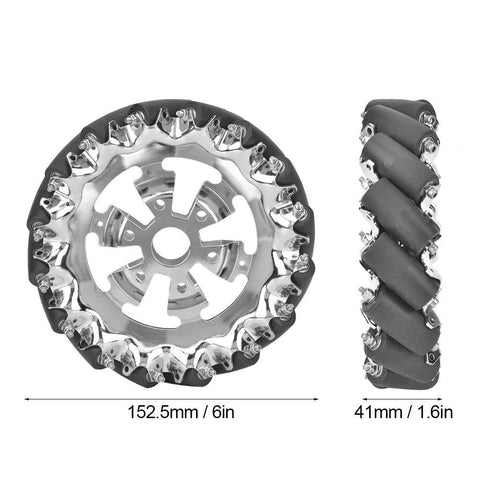 6in metal mecanum wheel for robots; front view shows 16 TPU rollers, side view shows 6 mounting holes and 41mm thick.