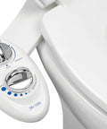 Close-up of Neo 185 Dual Nozzle Bidet Attachment For Toilet Seat Non Electric with control knobs and adjustable water pressure settings.