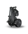 Folded Top Tier Remote Control Electric Golf Push Cart With A Slick Automotive Design And Rock Solid Adjustable Speeds.
