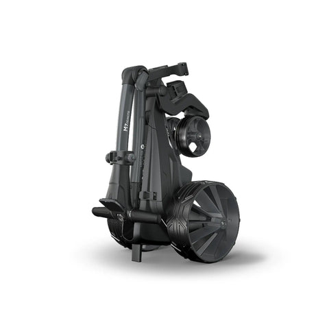 Folded Top Tier Remote Control Electric Golf Push Cart With A Slick Automotive Design And Rock Solid Adjustable Speeds.
