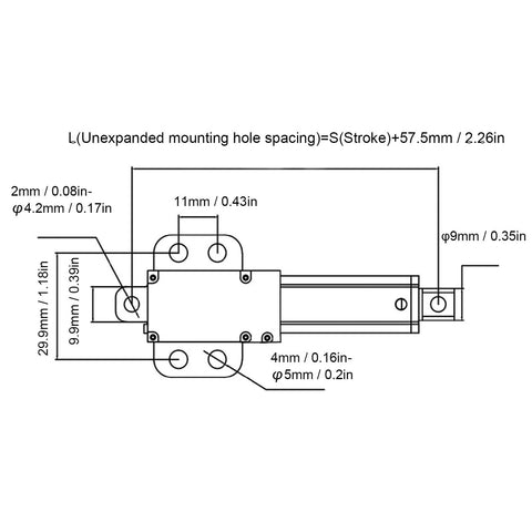 Mini 24V IPX4 electric linear actuator schematic shows rod and mounting holes.