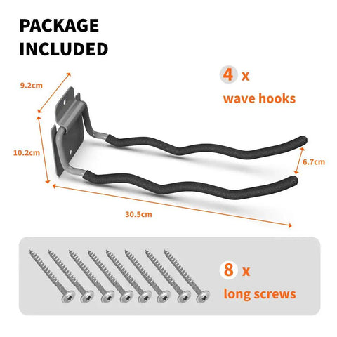 Package includes 4 Heavy Duty 12 Inch Wave Garage Hooks Wall Mount Tool Organizer and 8 long screws for garage workshop storage