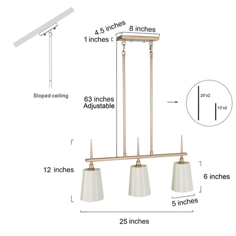 Gold Farmhouse Linear Pendant Light for Dining Room and Kitchen Island, 3 Light Modern Chandelier with dimensions and details.