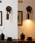 Adjustable Gooseneck Wall Sconce, Modern Wood Grain Wall Lamp, 360° rotation, wood grain finish, on and off display.