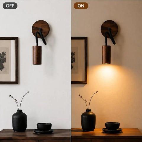 Adjustable Gooseneck Wall Sconce, Modern Wood Grain Wall Lamp, 360° rotation, wood grain finish, on and off display.