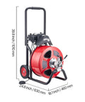 Heavy Duty Automatic Feed Drain Cleaner Machine With One Hundred Foot By Three Quarter Inch Kink Free Steel Sewer Snake Auger seen from side with dimensions.