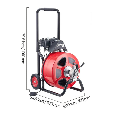 Heavy Duty Automatic Feed Drain Cleaner Machine With One Hundred Foot By Three Quarter Inch Kink Free Steel Sewer Snake Auger seen from side with dimensions.