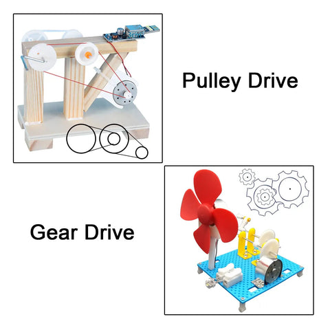 Six Pack Mini Generator Motors Kit for DIY Electronics showing pulley and gear drive systems with 3V to 12V DC motors and propellers
