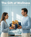 Two people exchanging a gift in a blue room with 'The Gift of Wellness' text above.