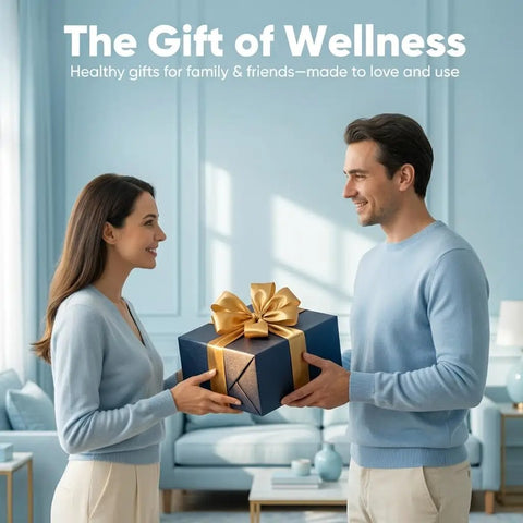Two people exchanging a gift in a blue room with 'The Gift of Wellness' text above.