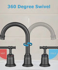Widespread Matte Black Bathroom Faucet For 3 Hole Sinks 8 Inch Center Spread With Pop Up Drain And Lead Free Hose, 360 swivel