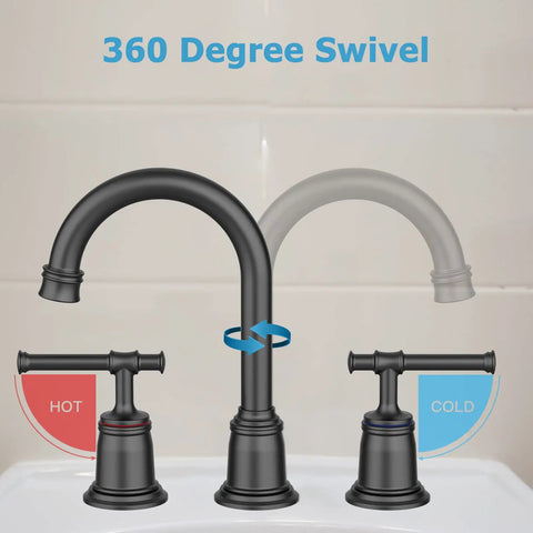 Widespread Matte Black Bathroom Faucet For 3 Hole Sinks 8 Inch Center Spread With Pop Up Drain And Lead Free Hose, 360 swivel