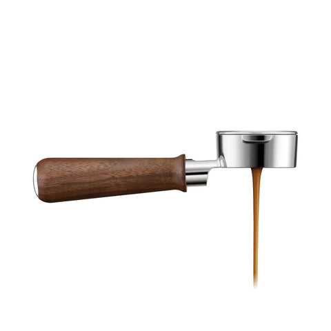 Top Shelf 58mm Bottomless Portafilter With Smooth Walnut Grip For Breville Dual Boiler And Oracle Series Home Barista Upgrade delivering espresso.
