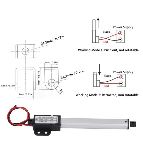 Powerful Mini Motion Actuator With 100mm Stroke And 20N Thrust For Home Automation Projects, showing dimensions and wiring modes.