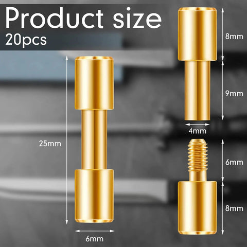 Product dimensions of Beefy Brass Bolt Fasteners Set, 20 Pieces, 6 mm Head Diameter Blind Rivets in gold finish for knife making.