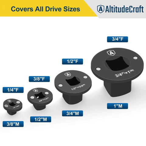 Low Profile Impact Socket Adapter Set For Tight Spaces Lets You Convert Drive Sizes From Three Eighths To Half Inch And From One Quarter To Three Eighths And From Three Quarters To One Inch And From One Half To Three Quarters Four Pack For Pros side view showing adapter sizes