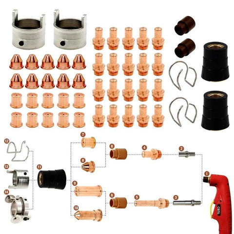 Heavy Duty 48 Pieces Plasma Cutter Consumables Kit For Eastwood Versa 60A Systems Featuring Premium Electrodes And Nozzles For Sharp Cuts And Long Lasting Performance In Your Shop with various electrodes and nozzles
