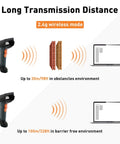 2D Wireless Barcode Scanner With 1.8 Inch Display, Rechargeable Handheld Reader showing transmission distances to laptops