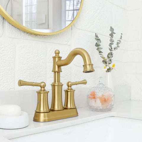 Roman Style Bathroom Sink Faucet With Deck Or Wall Mount Setup, Pop Up Drain And Overflow, Brushed Gold Finish, 2 Hole Deck Mount