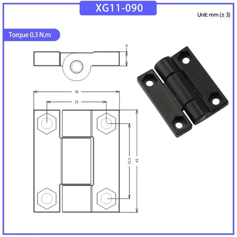 Zinc alloy damping hinge, 1.5-inch square, black, for industrial doors, 1 piece
