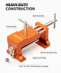 Rock Solid Face Frame Cabinet Clamps Featuring Integrated Drill Guide For Dead Center Pilot Holes And No Sweat Screw Driving Dependable Two Pack Woodworking Kit, orange clamp with solid handles and alignment plate.