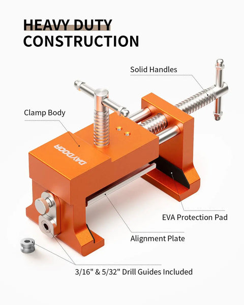 Rock Solid Face Frame Cabinet Clamps Featuring Integrated Drill Guide For Dead Center Pilot Holes And No Sweat Screw Driving Dependable Two Pack Woodworking Kit, orange clamp with solid handles and alignment plate.