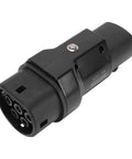 Heavy Duty EV Charging Adapter For Type 2 Connectors, black connector with secure locking feature, portable and weatherproof.