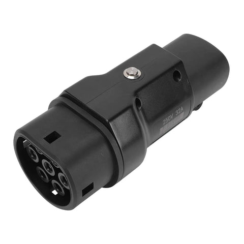 Heavy Duty EV Charging Adapter For Type 2 Connectors, black connector with secure locking feature, portable and weatherproof.