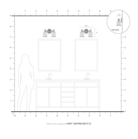 Diagram of Transitional Two Light Bath Vanity Light In Polished Nickel Finish From Middlebush Collection above double vanity