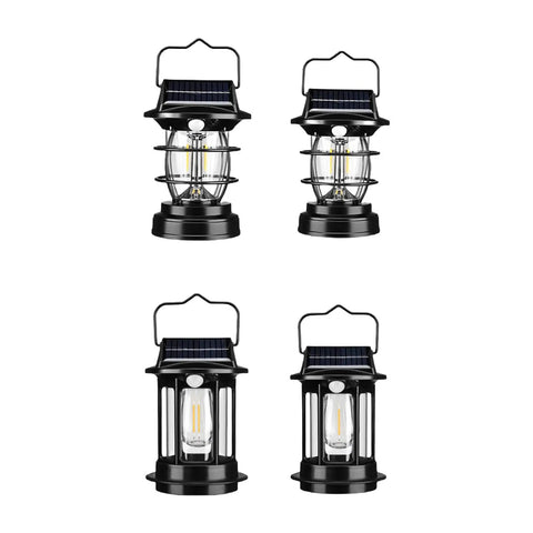 Four Solar Powered LED Camping Light Portable Waterproof Outdoor Lamp For Hiking And Indoor Emergency Use, Rechargeable Battery on display