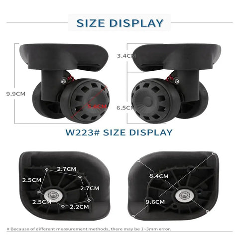 Heavy Duty Silent Luggage Replacement Wheels With 360 Degree Swivel Casters showing size display and dimensions for suitcase rollers.