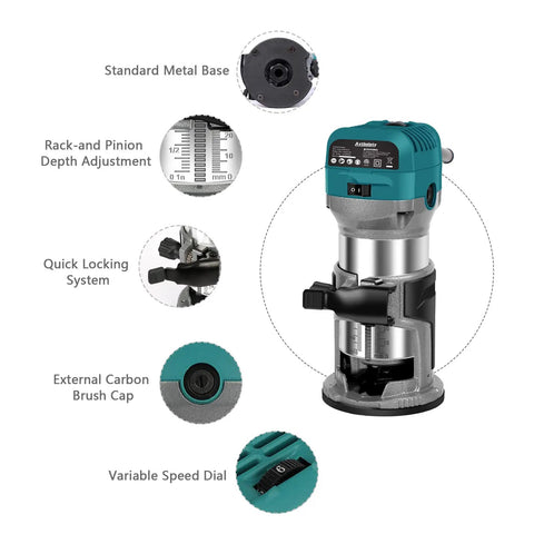 Powerful 6.5 Amp Wood Router Tool With 1.25 HP Compact Trim Router Variable Speed 10,000 To 32,000 RPM details and features