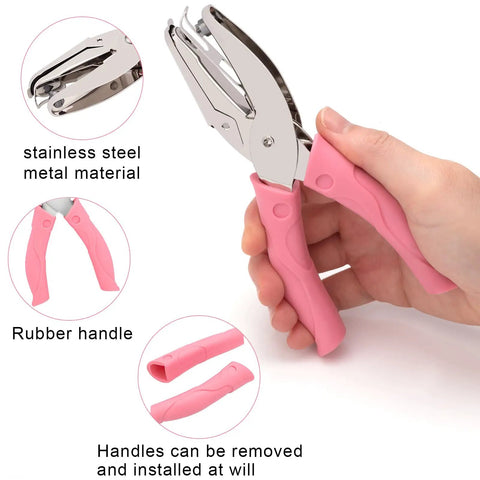 4 Pack Handheld Hole Punch Set With Heart, Star, Large Circle And Medium Circle Shapes, rubber grip, pink handle, for crafting