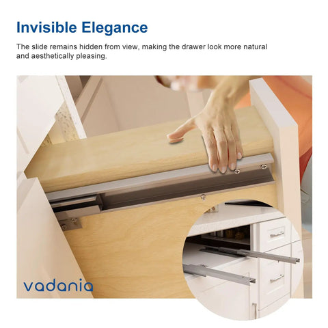 Undermount Drawer Slide 22 Inch, True Bottom Mount, Heavy Duty Concealed Hardware With Soft Close, Quiet Self Close, Designed For Drawers Without Side Panels, Durable Construction, Smooth Glide For Kitchen Cabinets installed under a kitchen drawer