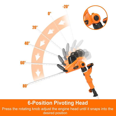 Beefy 2 In 1 Electric Pole Hedge Trimmer with 6-position pivoting head showing adjustable angles for versatile trimming