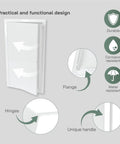 White Metal Wall Access Panel For Drywall Plumbing And Electrical Service Hatch showing hinge, flange, and unique handle details.