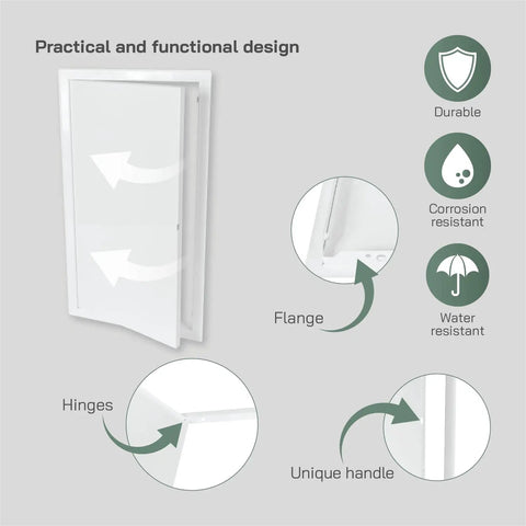White Metal Wall Access Panel For Drywall Plumbing And Electrical Service Hatch showing hinge, flange, and unique handle details.