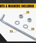 10 Inch J Bolt Gate Hinge Set For Chain Link Fences Heavy Duty 5/8 Inch Pin Galvanized Steel Nuts And Washers Included 4 Pack Replacement Hinges For Durable Outdoor Gate Hardware Built To Last, displaying nuts and washers