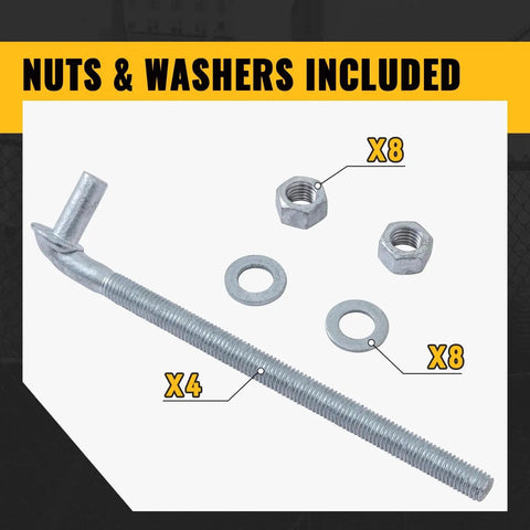 10 Inch J Bolt Gate Hinge Set For Chain Link Fences Heavy Duty 5/8 Inch Pin Galvanized Steel Nuts And Washers Included 4 Pack Replacement Hinges For Durable Outdoor Gate Hardware Built To Last, displaying nuts and washers
