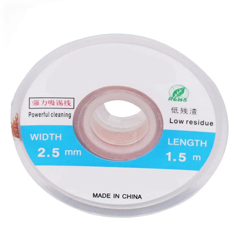 5Pcs Copper Desoldering Wick Solder Sucker Wire roll with 2.5mm width, 1.5m length, labeled for powerful cleaning and low residue