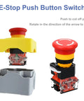 Red Emergency Stop Button Switch E Stop Momentary Cutoff 1NO 1NC 660V 10A with box, shown in two assembly stages.