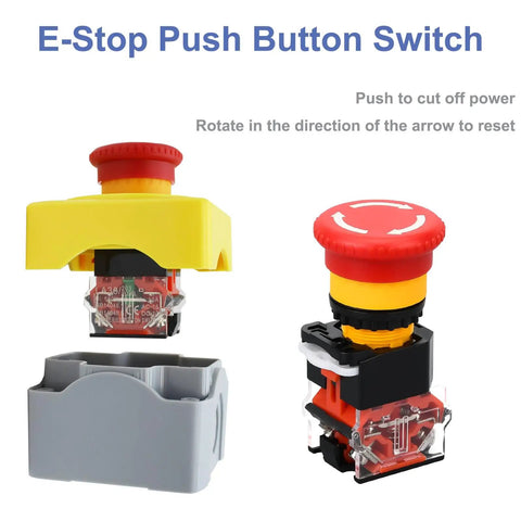 Red Emergency Stop Button Switch E Stop Momentary Cutoff 1NO 1NC 660V 10A with box, shown in two assembly stages.