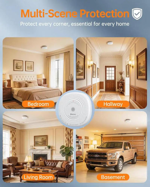Smoke And Carbon Monoxide Detector Combo With 10 Year Sealed Battery End Of Life Alert No Battery Changes Ever Keeps Your Home Safe And Sound With Easy Install No Battery Replacements Required ceiling mount shown in bedroom hallway living room basement