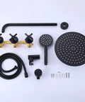 Three-Handle Wall Mounted Shower System With High Pressure 10-Inch Rain Shower Head And Handheld Sprayer, Complete Valve With Trim In Brushed Nickel components laid out.